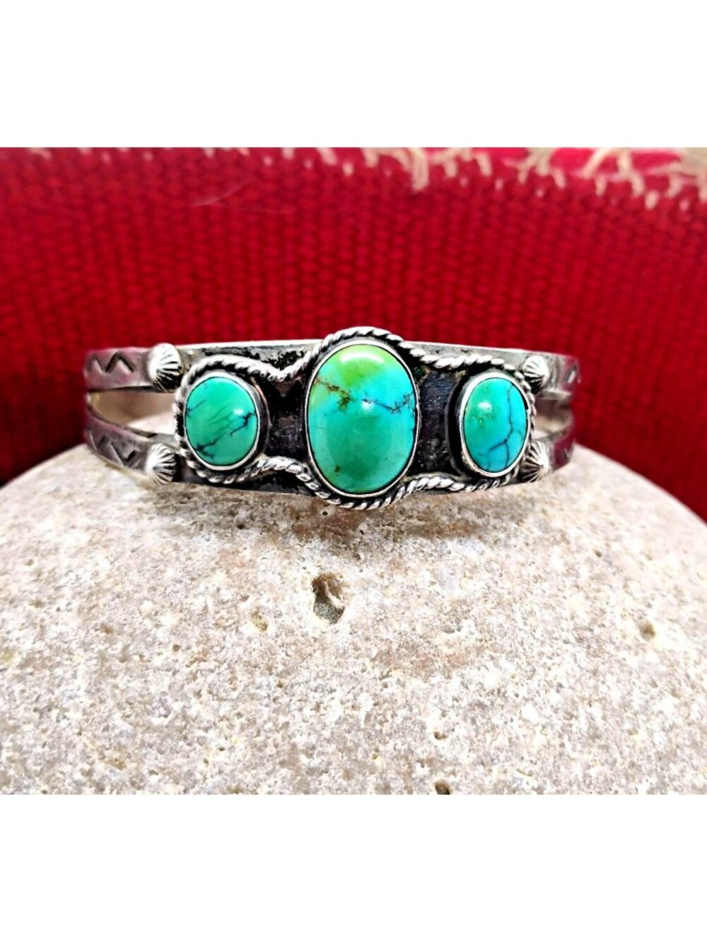 OLD Vtg Native American Navajo 3-Stone Royston Turquoise Stamped Silver Bracelet